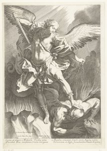 Erkeengelen St Michael beseirer djevelen, gravert av Pieter de Bailliu, 1623-60