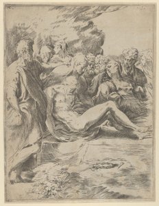 Gravleggingen, Kristus med utstrakte ben, Jomfruen til høyre, 1590-1600. av Guido Reni