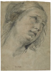 The Head of a Young Woman Looking Upward, ca. 1609 (svart og rødt kritt med innslag av hvitt kritt på brunt papir) av Guido Reni