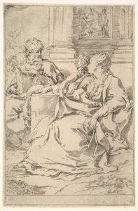 Den hellige familie med bibelsk scene i bakgrunnen. av Guido Reni