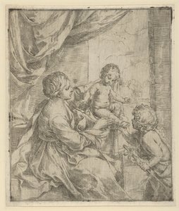 Jomfruen og barnet ved et bord med den unge døperen Johannes, ca. 1600-1640. av Guido Reni