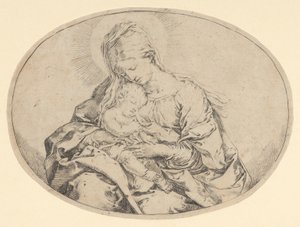 Jomfruen som holder spedbarnet Kristus, en oval komposisjon, ca. 1600-1640. av Guido Reni
