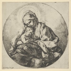 Jomfruen holder spedbarnet Kristus med fingrene på høyre hånd skjult, en ..., ca 1600-1640. av Guido Reni