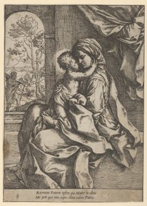 Jomfruen satt med Kristusbarnet på fanget og omfavnet henne, Joseph så..., ca. 1600-1613. av Guido Reni