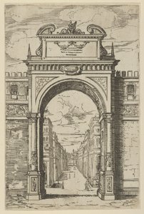 Triumfbue overvunnet av en statue av Moses, bygninger sett gjennom buen nedenfor, en t..., 1598. av Guido Reni