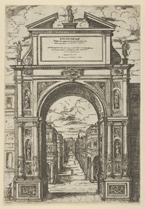 Triumfbue overvunnet av en statue som representerer byen Bologna, bygninger sett fra..., 1598. av Guido Reni