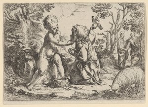 Den unge døperen Johannes kneler foran spedbarnet Kristus som kjærtegner hans f..., ca. 1600-1640. av Guido Reni