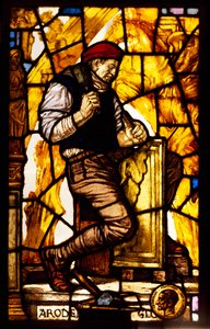 Panel av et vindu som viser en steinhugger (farget glass) av Guido Zuccaro