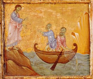 Mirakuløs fangst av fisk, detalj fra Antependium of St Peter Enthroned av Guido da Siena (ca. 1250 -1300), tempera og gull på tre