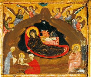 Nativity, detalj fra Antependium of St Peter Enthroned av Guido da Siena (ca. 1250 -1300), tempera og gull på tre