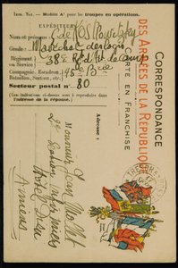 Autografpostkort til Jean Mollet, datert 16. september 1915 av Guillaume Apollinaire