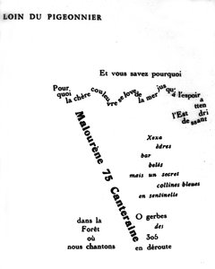 Calligram av Guillaume Apollinaire (1880-1918): "" Langt fra duefuglen""