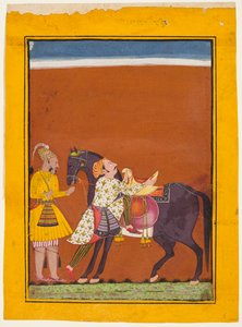 En kriger som monterer en holdt hest: Saindhava Ragaputra fra Shri, fra en Chamba Ragamala av Guillaume Benjamin Amand Duchenne (de Boulogne)