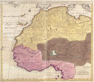 Kart over Barbary (Marokko, Algerie, Tunisia, Libya), Negritude (Mali, Burkina Faso, Niger) og Guinea (Senegal, Guinea, Sierra Leone, Liberia, Elfenbenskysten, Ghana, Togo, Benin, Nigeria) (radering)