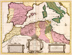 Kart over Nord-Afrika (Mauritania, Marokko, Algerie, Tunisia, Libya) og Europa (Spania, Portugal, Frankrike, Italia, Hellas med Balearene, Sardinia, Korsika og Sicilia) (radering)