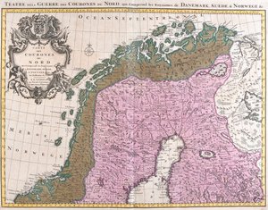 Kart over de nordiske landene, kongedømmene Danmark, Sverige og Norge (radering