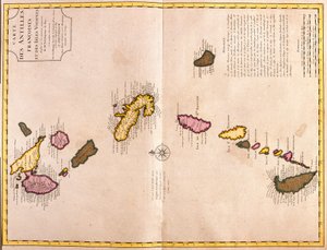 Kart over de karibiske øyene (Guadeloupe, Marie Galante, Dominica, Martinique, Saint Lucia, Saint Vincent, Barbados, Grenadinene og Grenada) (radering) av Guillaume Delisle