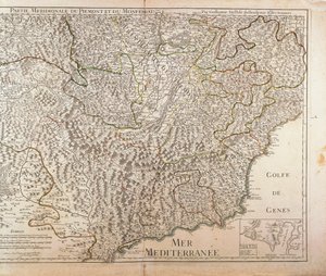 Sørlige Piemonte-regionen, Monferrato og Vestlige Liguria-regionen. Kart av Guillaume de l'Isle, Paris, Kobbergravering. 1707 av Guillaume Delisle