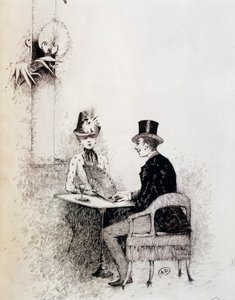 Par i parisisk kafé (blekk på papir) av Guillaume Georges Roger
