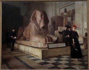 Egyptian Hall of the Louvre-besøkende foran Grand Sphinx. Maleri av Guillaume Larrue (1851-1935) av Guillaume Larrue