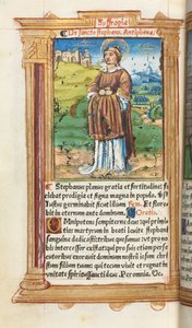 Trykt Timebok Bruk av Roma: fol. 100v, St. Stephen, 1510. av Guillaume Le Rouge