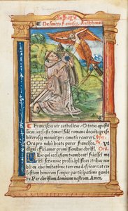 Trykt Timebok Bruk av Roma: fol. 106v, St. Frans av Assisi, 1510. av Guillaume Le Rouge