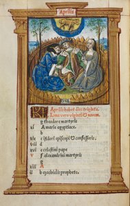 Trykt Timebok Bruk av Roma: fol. 5v, april-kalenderillustrasjon, 1510.