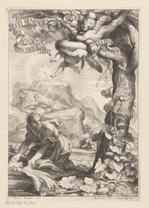 Allegorisk representasjon av en anerkjent kvinne som vanner et kalebastre; i bakgrunnsfigurene bestiger et fjell Tittelside for: Giovanni Baptista Ferrari, Fasti Senenses, Ab Academia Intronatorum Editi, 1661 av Guillaume Vallet