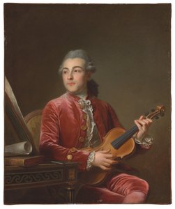 Portrett av en gentleman, halvlang, sittende i en rød fløyelsjakke med fiolin (olje på lerret) av Guillaume Voiriot