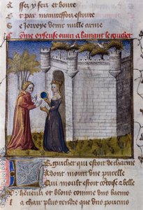 En galant scene mellom to elskere: jenta inviterer elskeren sin til å komme inn. Miniatyr fra "" Le Romanesque de la Rose "" av Guillaume de Lorris