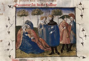 En galant scene av hoffmenn, miniatyr i "Roman de la Rose" av Guillaume Lorris