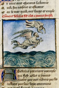 "" Dedale og Icarus "" (Icarus og Daedalus) For å rømme til Minos, presser Dedale sønnen Icarus til å fly bort takket være voksvingene hans. Miniatyr av Guillaume Lorris fra manuskriptet "" The Roman of the Rose ""