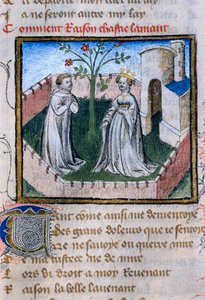 Representasjon av et par elskere nær en rose, miniatyr i "Roman de la Rose"