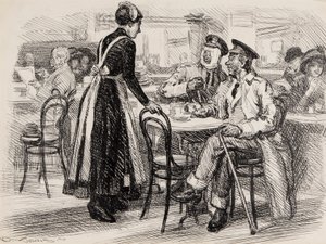 WWI tegneserie, sannsynligvis for Punch, 1916 (penn en blekk på papir) av Gurnell Charles Jennis