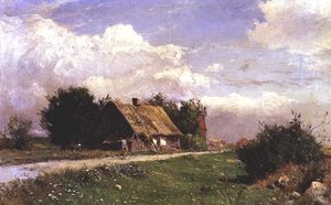 Et skogkledd landskap med figurer ved en hytte av Gustaf Fredrik Rydberg