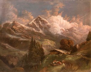 Livlig høyalpebeite med utsikt over alpetoppene - Großglockner? av Gustav Barbarini