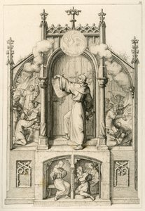 Luther vil ikke gi avlat, til venstre: Johann Tetzel (1465-1519) brenner Luthers papirer, hovedbildet: Luther henger opp sine 95 teser på kirkedøren til Wittenberg, til høyre: studenter av universitetet i Wittenberg brenner av Gustav Ferdinand Leopold Konig