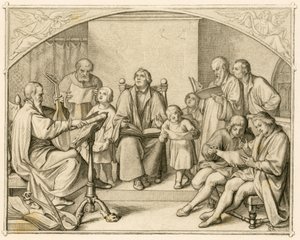 Luthers introduksjon av tyske protestantiske religiøse salmer sammen med hans barn og venner under ledelse av Johannes Walther (1496-1570) av Gustav Ferdinand Leopold Konig