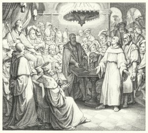 Martin Luther dukker opp foran keiser Charles V på Diet of Worms (gravering)