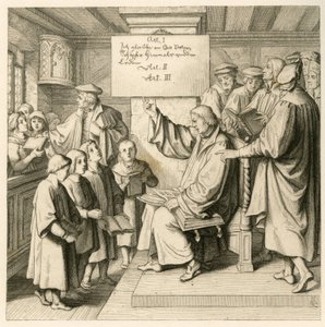 Martin Luther på skolen med mange barn, fordi religionstimene er veldig viktige for ham, til høyre noen lærere