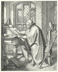 Martin Luther begynner oversettelsen av Bibelen på Wartburg slott (gravering)