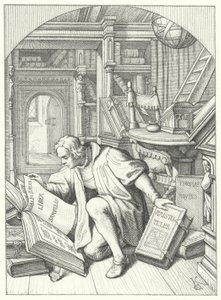 Martin Luther oppdager en latinsk bibel i biblioteket ved Erfurt University (gravering) av Gustav Ferdinand Leopold Konig