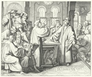 Martin Luther diskuterer nadverden med Huldrych Zwingli (gravering) av Gustav Ferdinand Leopold Konig