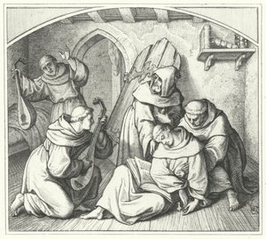 Martin Luther besvimer med en bibel i hånden og vennene hans bringer ham tilbake til fornuften (gravering) av Gustav Ferdinand Leopold Konig