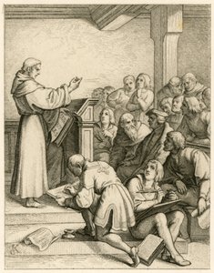 Martin Luther holder forelesninger på universitetet i Wittenberg, foran ham visekansleren Dr. Pollich og hans farsvenn Johann von Staupitz (1460-1524) av Gustav Ferdinand Leopold Konig