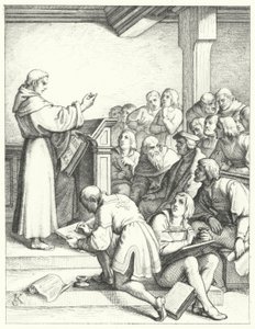 Martin Luther i en filosofi- og teologiforelesning for sin bachelorgrad (gravering) av Gustav Ferdinand Leopold Konig