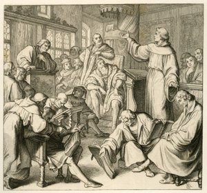 Martin Luther i diskusjon med Dr. Johannes Eck (Johann Maier von Eck) (1486-1543), på siden av Luther er det Philipp Melanchthon (1497-1560) og Karlstadt (Andreas Rudolf Bodenstein von Karlstadt av Gustav Ferdinand Leopold Konig