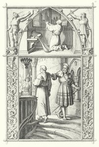 Martin Luther i bønn mens han forbereder seg på Diet of Worms (øverst). Georg von Frundsberg gir oppmuntring til Martin Luther (nederst) (gravering) av Gustav Ferdinand Leopold Konig