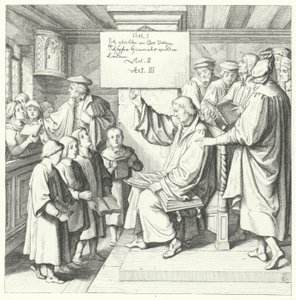 Martin Luther introduserer katekismen for skolebarn (gravering) av Gustav Ferdinand Leopold Konig