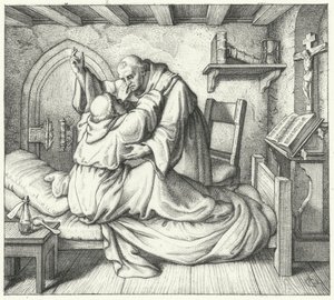 Martin Luther blir trøstet av en medmunk under hans åndelige pine i klosteret (gravering) av Gustav Ferdinand Leopold Konig